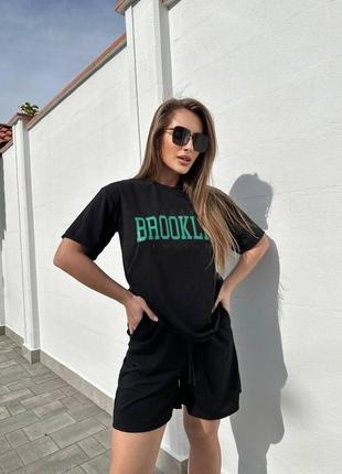 Шикарный стильный яркий летний костюм шорты бойфренды короткие мини футболка с надписью с принтом черный розовый желтый малиновый зеленый белый