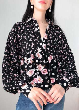 Блуза с объёмными рукавами рубашка пышными в цветы рубашка топ кофта нарядная оверсайз6 фото