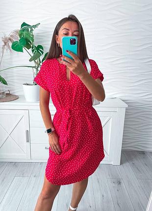 Платье женское летнее с поясом красный цвет с принтом в горох размер m, l, xl, 2xl2 фото