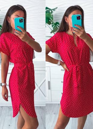 Платье женское летнее с поясом красный цвет с принтом в горох размер m, l, xl, 2xl