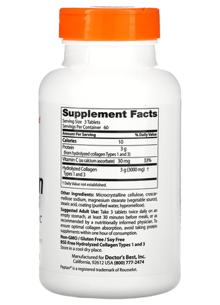 Doctor's best, колаген типу 1 і 3 з peptan і вітаміном c, 1000 мг, 180 таблеток4 фото