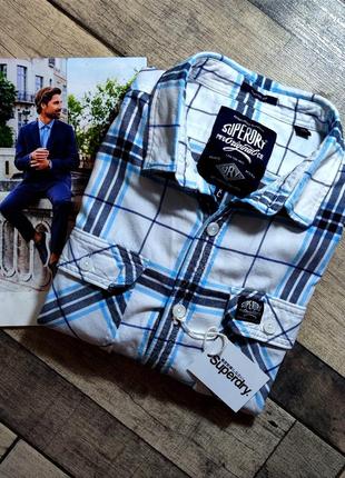 Мужская элегантная приталиная хлопоковая плотная  винтажная  рубашка superdry casual  в бело- синем цвете в полоску размер xl