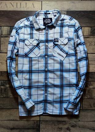 Мужская элегантная приталиная хлопоковая плотная  винтажная  рубашка superdry casual  в бело- синем цвете в полоску размер xl