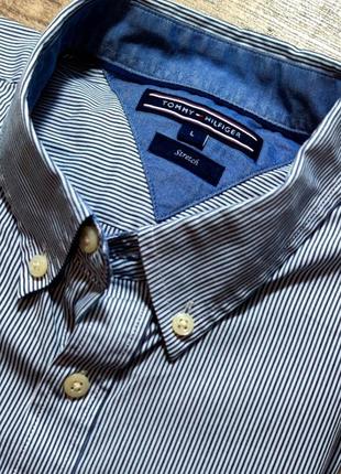 Мужская элегантная хлопковая рубашка tommy hilfiger в серо-синем  цвете в полоску оригинал размер l3 фото