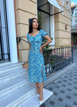 Літня сукня плаття міді блакитний колір з квітковим принтом бавовна розмір 42, 44, 46, 48