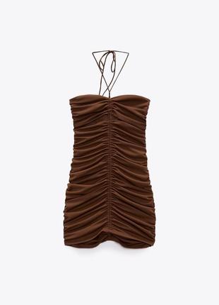 Платье с драпировкой платья мини зара коричневое