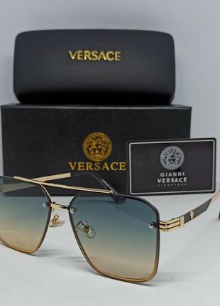 Очки в стиле versace мужские солнцезащитные сине бежевый градиент в золотом металле1 фото