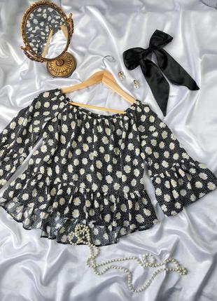 Блуза з об’ємними рукавами у ромашки сорочка рубашка топ з відритими плечима у горошок