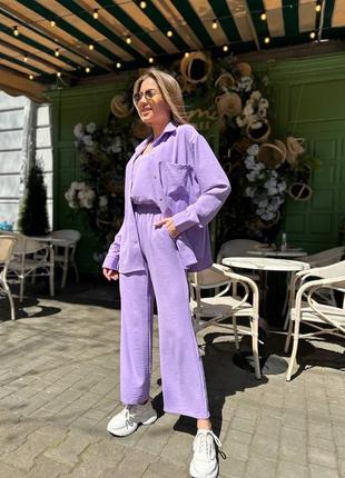 Роскошный брючный костюм тройка черный малиновый сиреневый белый зелёный бежевый голубой брюки штаны широкие палаццо кроп топ блуза майка рубашка