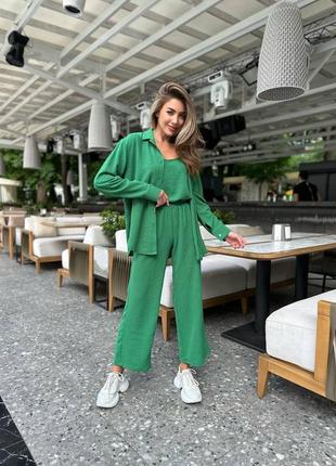 Роскошный брючный костюм тройка черный малиновый сиреневый белый зелёный бежевый голубой брюки штаны широкие палаццо кроп топ блуза майка рубашка