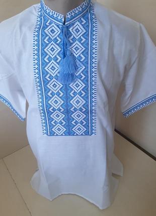 Мужская рубашка вышиванка на домотканом хлопке синяя вышивка р. 42 - 60