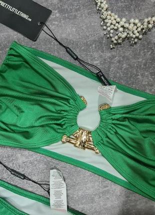 Яркий зеленый раздельный купальник бикини бандо высокая посадка prettylittlething plt9 фото