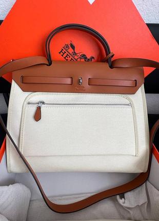 Сумка в стилі hermes herbag  beige/brown  натуральна шкіра плюс текстиль світло бежевий коричневий2 фото