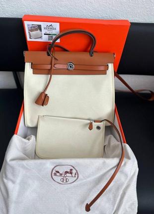 Сумка в стилі hermes herbag  beige/brown  натуральна шкіра плюс текстиль світло бежевий коричневий