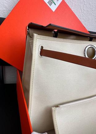 Сумка в стилі hermes herbag  beige/brown  натуральна шкіра плюс текстиль світло бежевий коричневий8 фото