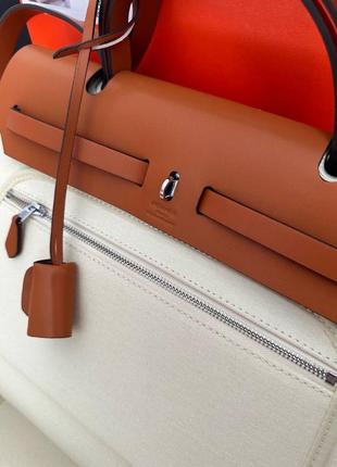 Сумка в стилі hermes herbag  beige/brown  натуральна шкіра плюс текстиль світло бежевий коричневий4 фото