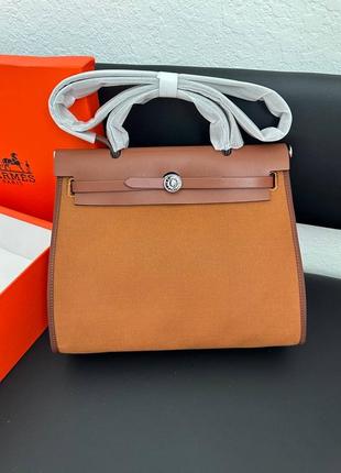 Сумка в стилі hermes herbag  brown  коричнева сумка з натуральної шкіри + текстиль2 фото