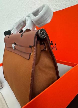 Сумка в стилі hermes herbag  brown  коричнева сумка з натуральної шкіри + текстиль3 фото