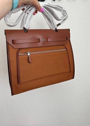 Сумка в стилі hermes herbag  brown  коричнева сумка з натуральної шкіри + текстиль6 фото