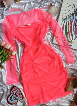 Фатиновое мини платье яркая неоново розового цвета сетка2 фото