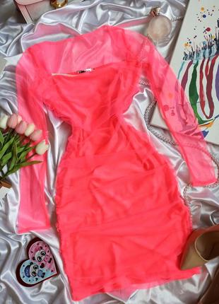 Фатиновое мини платье яркая неоново розового цвета сетка4 фото