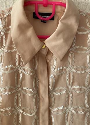 Warehouse блуза рубашка пайетки блестящая рубашка топ кофта геометрический узор прозрачная спинка5 фото