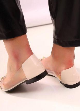 Бежеві балетки з прозорими вставками і бусинами туфлі човники3 фото
