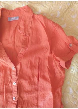 Оранжевая льняная рубашка перламутровые пуговицы3 фото