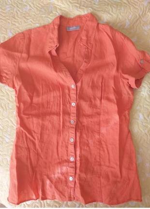 Оранжевая льняная рубашка перламутровые пуговицы2 фото