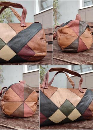 Большая винтажная сумка в стиле пэчворк ручная работа кожа ягнёнка из кусков разноцветная мультицвет1 фото
