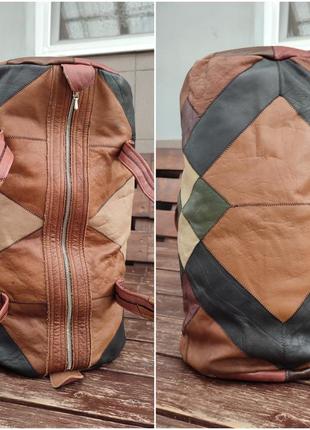 Велика вінтажна сумка в стилі печворк ручна робота шкіра ягняти з шматків різнобарвна мультиколір7 фото