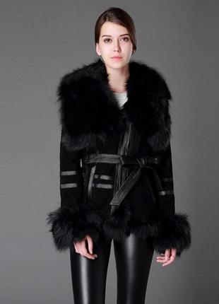 Женская эффектная кожаная зимняя куртка косуха furstory с мехом песца1 фото