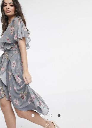 Платье миди с цветочным принтом и разрезами на рукавах asos design