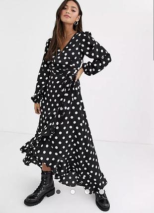 Чорне плаття міді з довгими рукавами в горошок new look