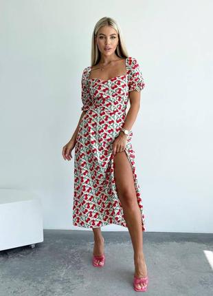 Літня сукня міді у вишневий принт