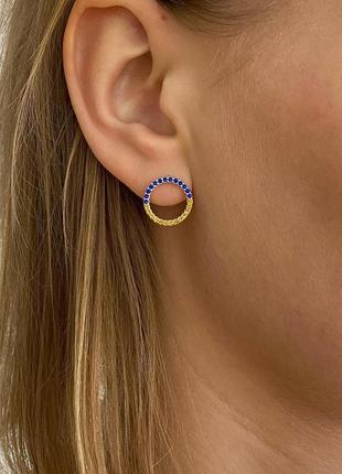 Серебряные серьги пусеты 925 пробы, вставка цирконии патриотические круги