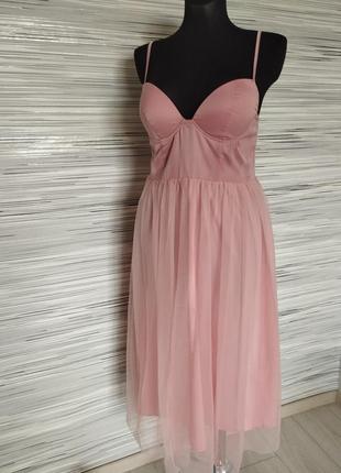 Вечірня пудрова ніжна романтична сукня плаття міді корсет фатин бренд  shein3 фото