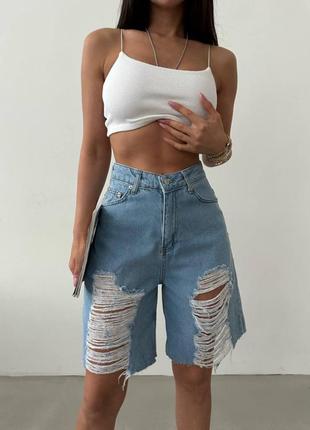 Стильные джинсовые женские шорты, удлиненные с разрезами спереди летние/летно-женская одежда1 фото