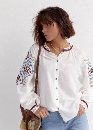 Розкішна бавовняна блуза вишиванка біла з вишивкою народна українська етнічна сорочка з орнаментом етно бохо національна туреччина