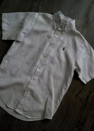Белая льняная рубашка сорочка лен с вышитым логотипом ralph lauren,оригинал