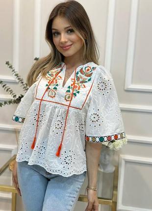 Хлопковая блуза вышиванка белая прошва с вышивкой народная украинская рубашка этническая с орнаментом этно бохо национальная турция  нарядная