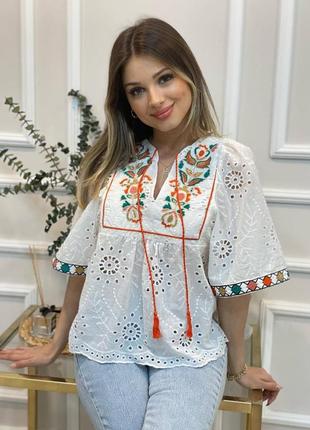 Хлопковая блуза вышиванка белая прошва с вышивкой народная украинская рубашка этническая с орнаментом этно бохо национальная турция  нарядная5 фото