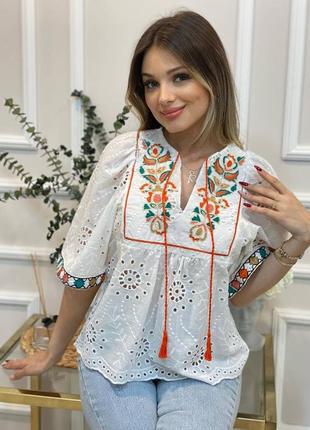 Хлопковая блуза вышиванка белая прошва с вышивкой народная украинская рубашка этническая с орнаментом этно бохо национальная турция  нарядная6 фото