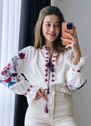 Розкішна бавовняна блуза вишиванка біла з вишивкою народна українська етнічна сорочка з орнаментом етно бохо національна туреччина святкова1 фото