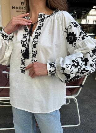 Роскошная хлопковая блуза вышиванка белая с вышивкой народная украинская рубашка...