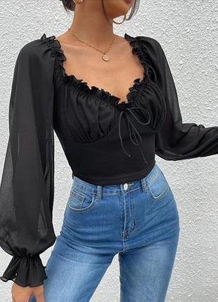 Укороченный топ блуза с оборками шифон длинный рукав