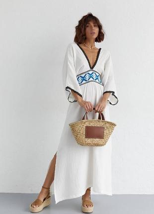 Хлопковое платье с элементами вышивки миди макси пляжная накидка туника парео белое этническое с орнаментом этно бохо