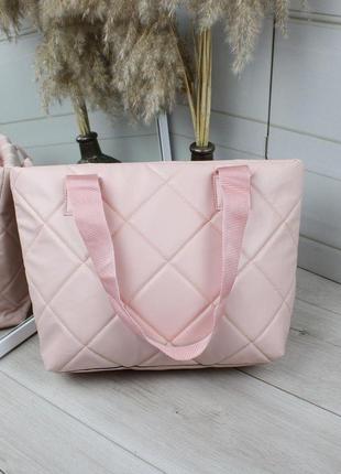 Шикарна жіноча сумка шопер екошкіра стьобана світло-рожева пудрова