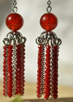 Сережки - червоні ланцюжки з сердоліком і чеським кришталем 'захоплення'3 фото