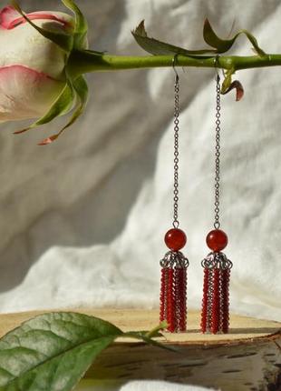 Сережки - червоні ланцюжки з сердоліком і чеським кришталем 'захоплення'